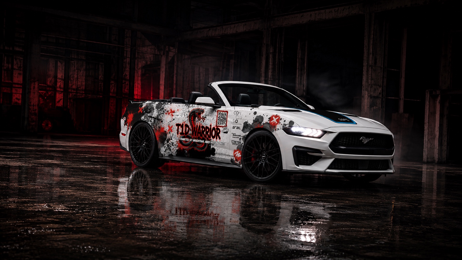 Der T1D Warrior Mustang in einer dunklen Industriehalle